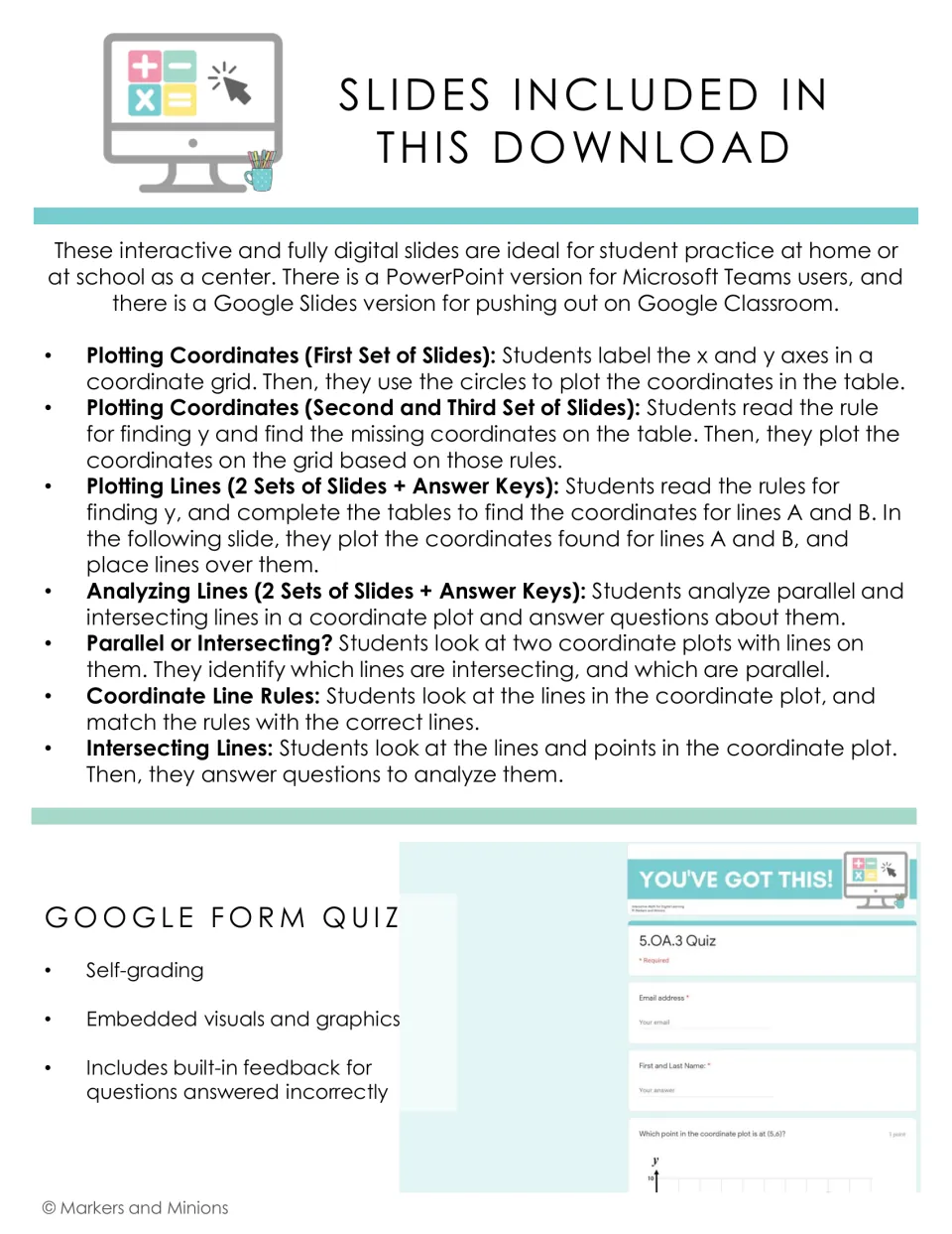 List of included slides: plotting coordinates and lines, parallel or intersecting lines, line rules, plus a 5.OA.3 quiz
