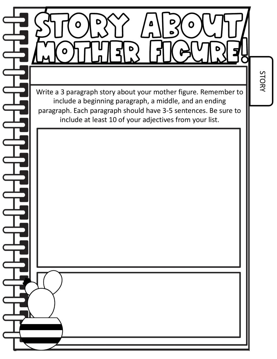 Story About Mother Figure: students write a 3-paragraph story with beginning, middle and end using 10 of their adjectives