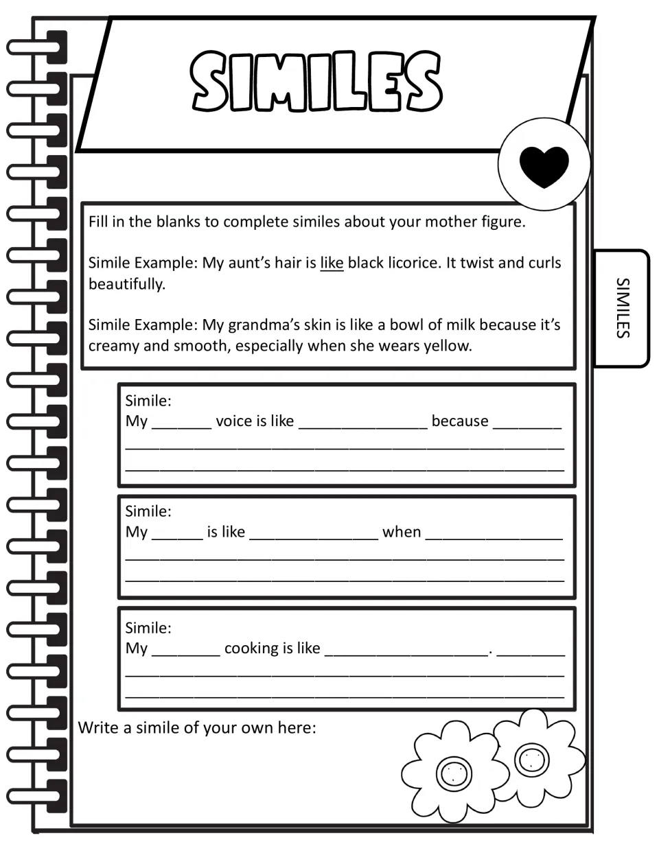 Similes about a mother figure: two models, then students fill in frames on voice and cooking and write one of their own