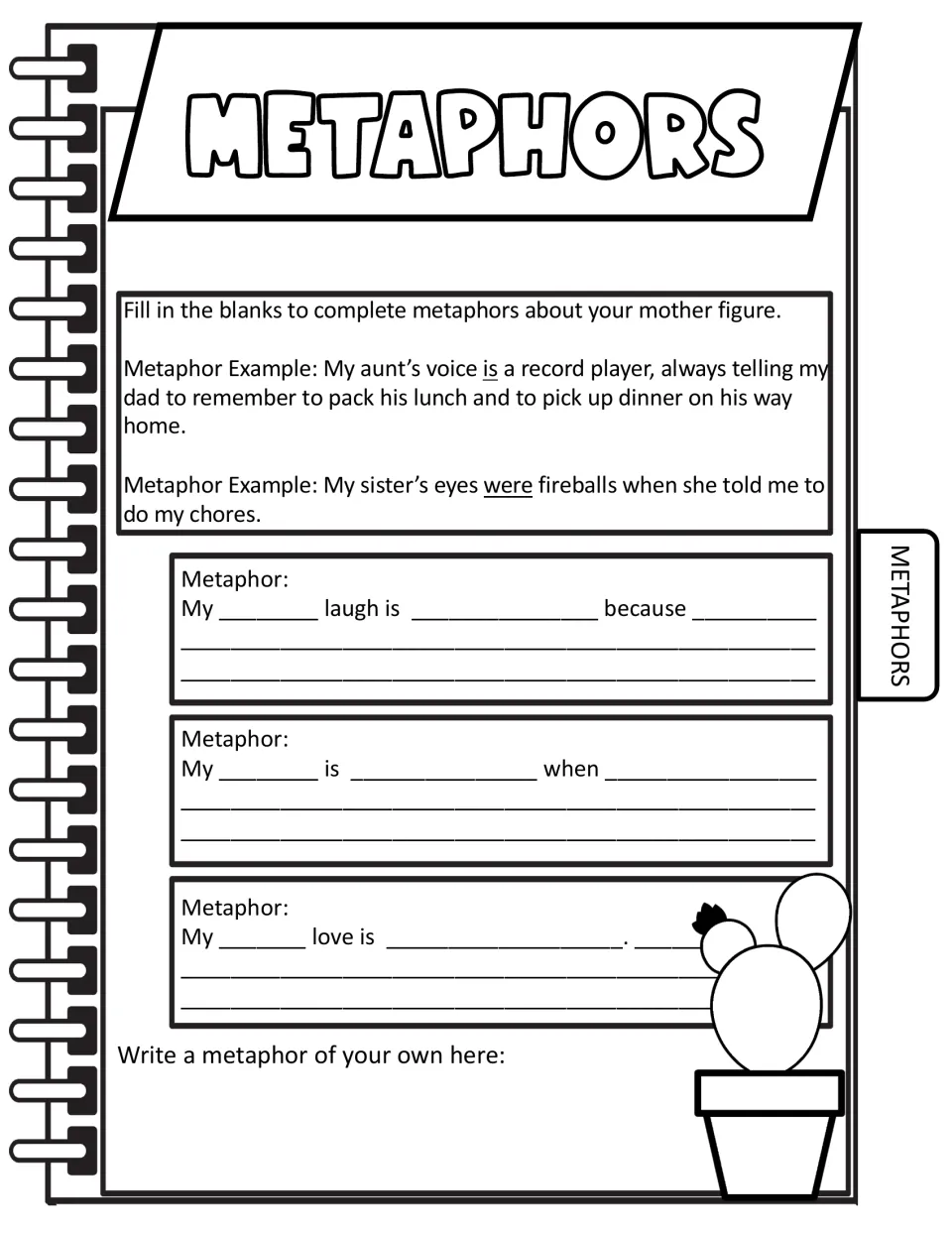Metaphors: students complete frames about a mother figure's laugh and love, then write an original metaphor