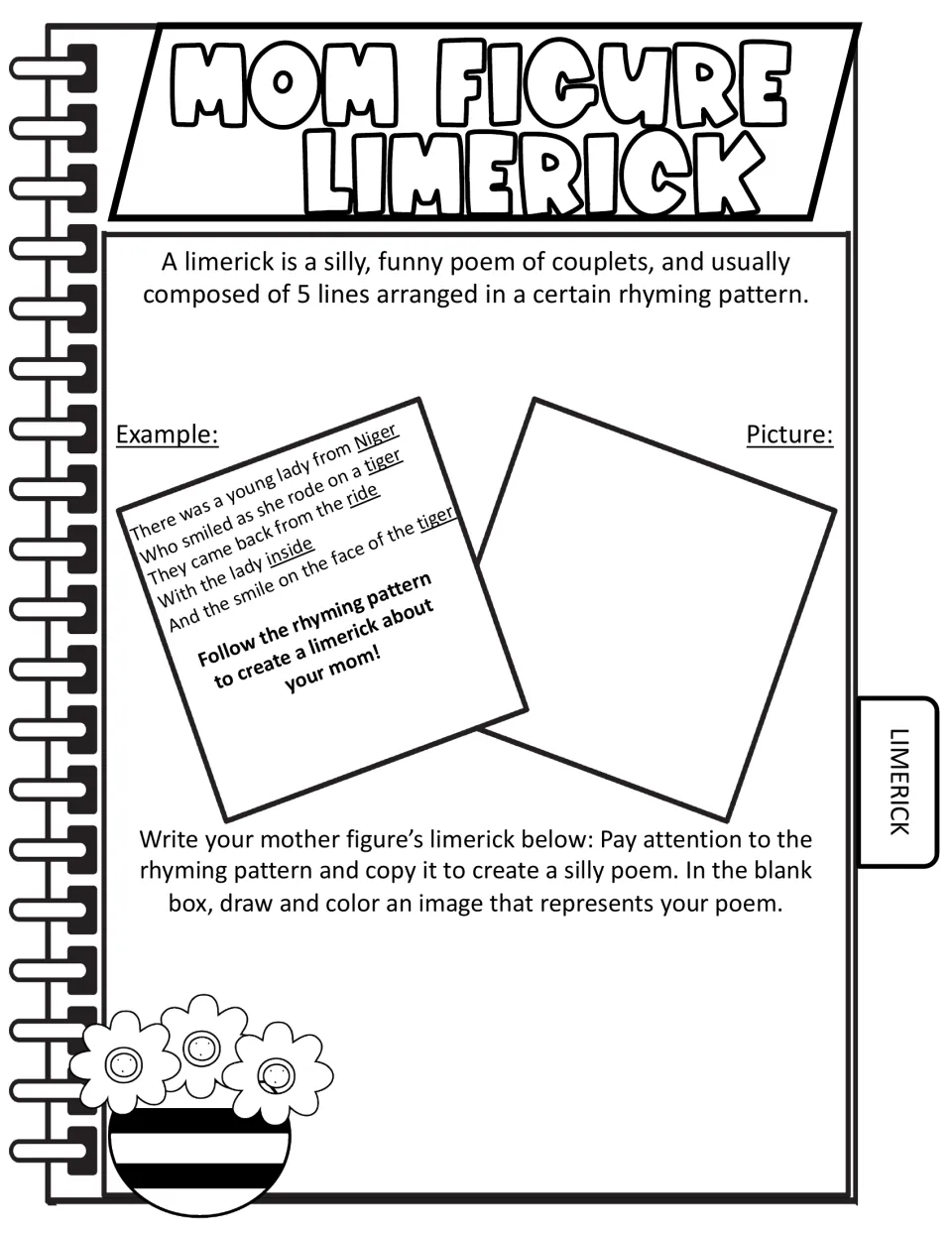 Mom Figure Limerick: defines a limerick, models the lady from Niger poem, then students write one and draw it