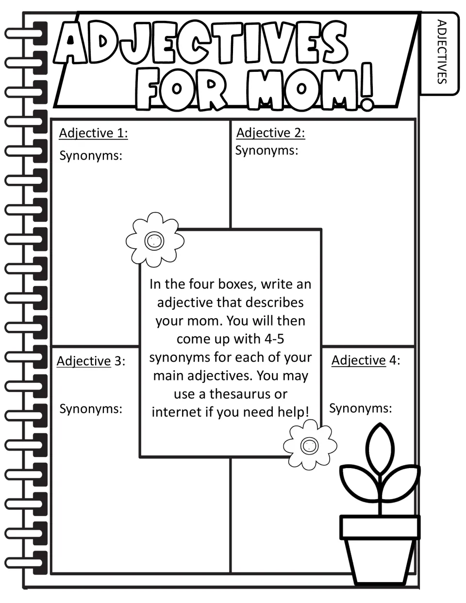 Adjectives for Mom: students write four adjectives describing their mom and list 4-5 synonyms for each, using a thesaurus