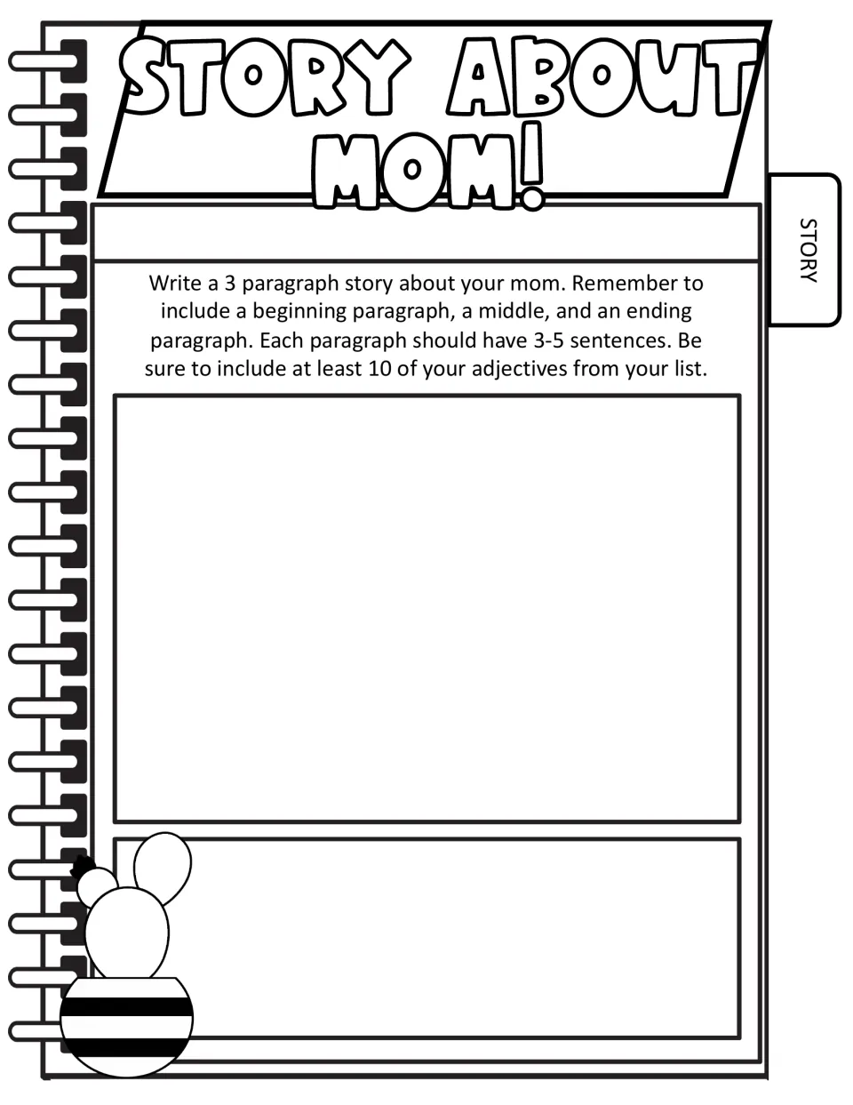 Story About Mom: students write a three-paragraph story with a beginning, middle and end using 10 adjectives from the list