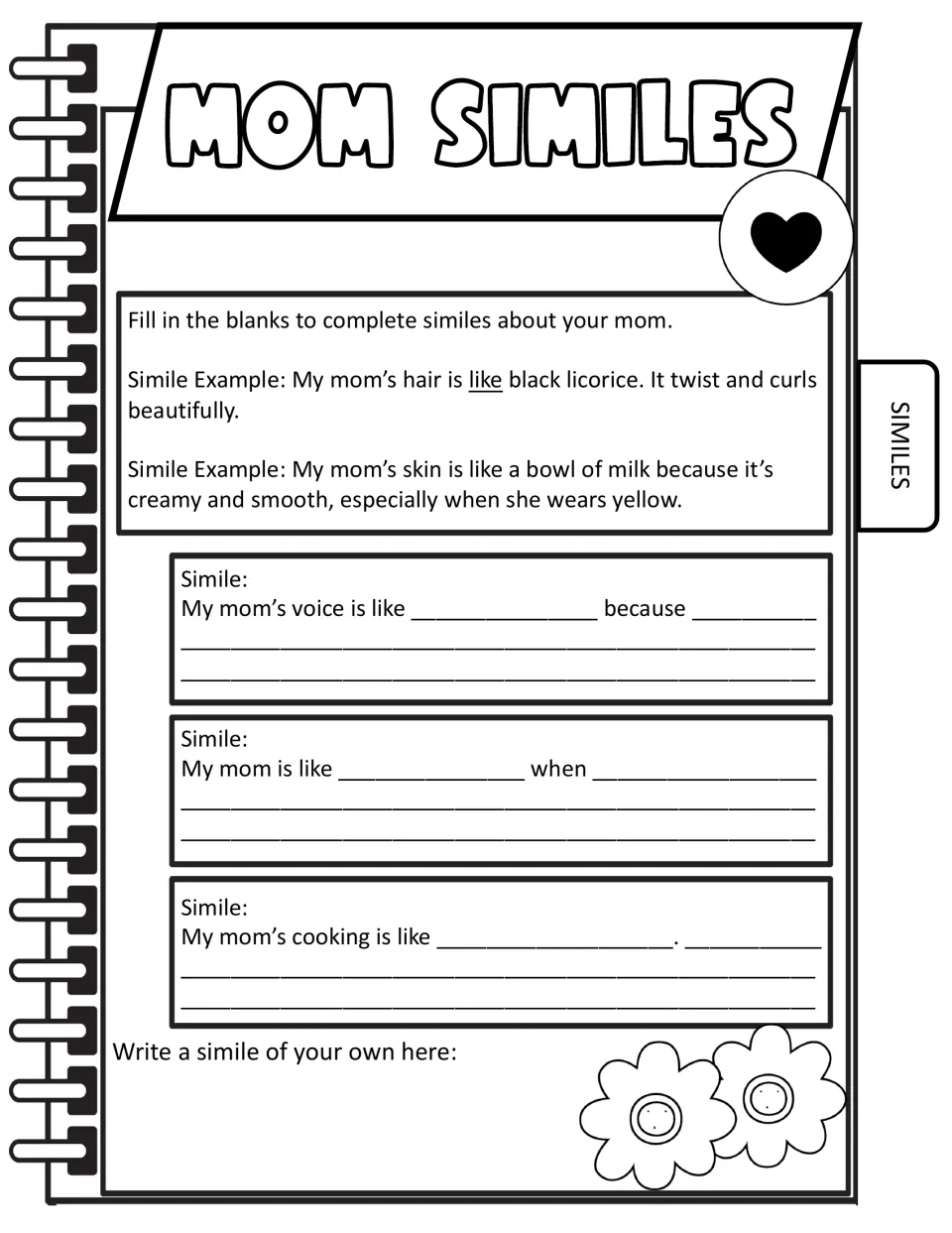 Mom Similes: after two examples, students complete similes about their mom's voice, cooking and more, then write their own