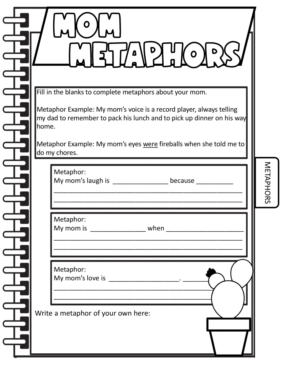 Mom Metaphors: students finish metaphor frames about their mom's laugh and love, guided by two examples, then write one