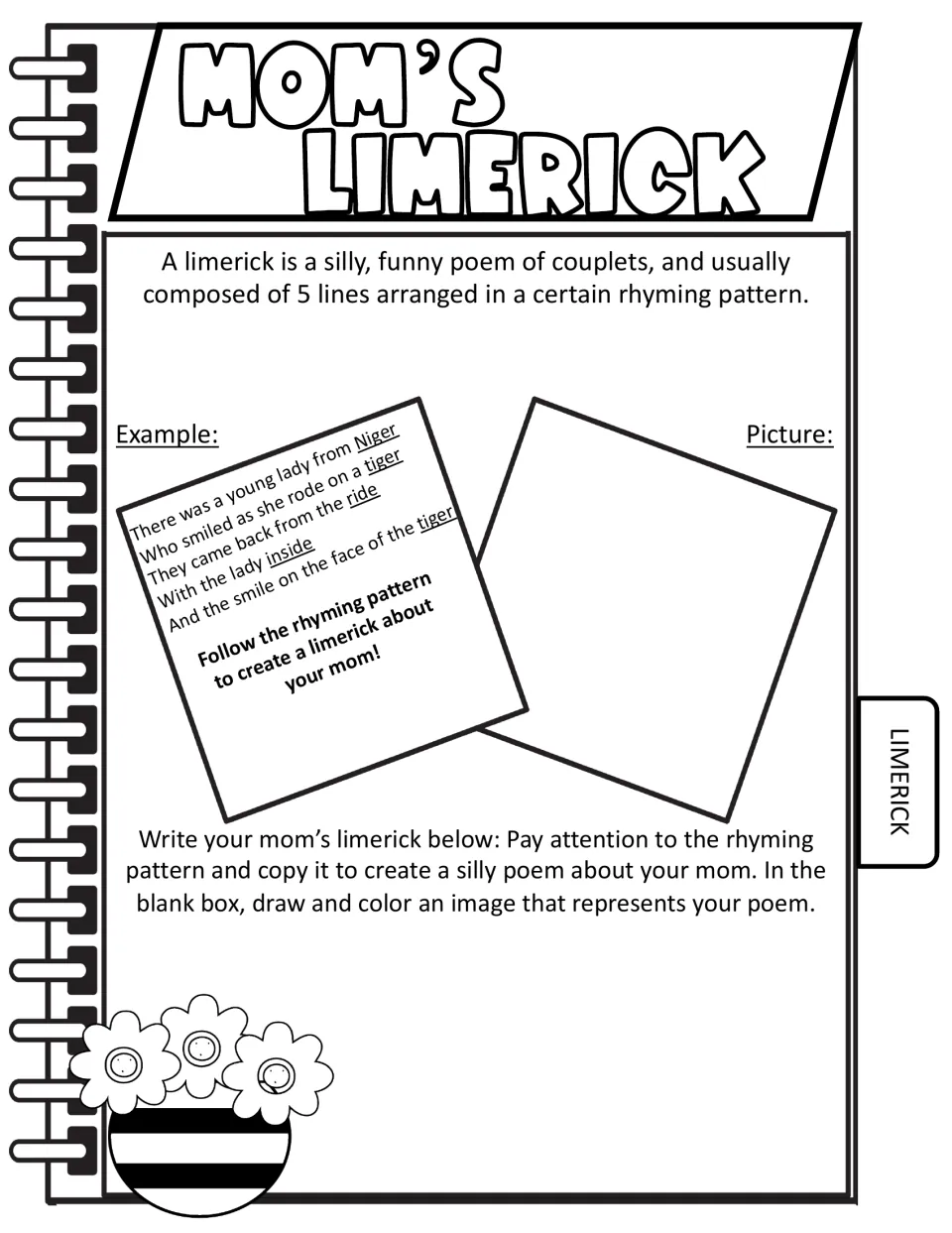 Mom's Limerick: students study a limerick's rhyming pattern, write a silly five-line poem about Mom and illustrate it