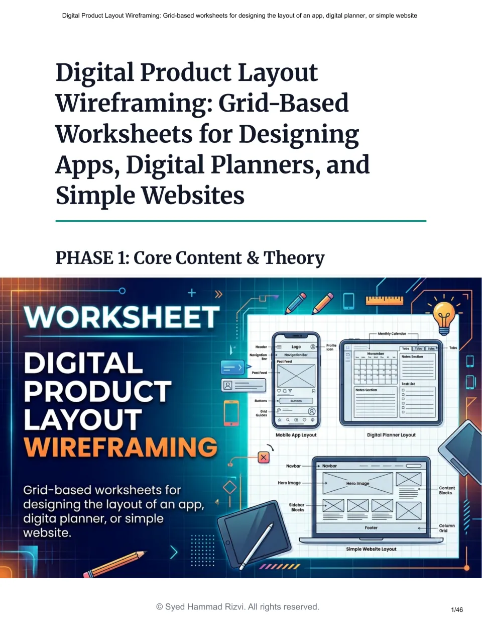 Digital Product Layout Wireframing cover introduces Phase 1 and examples of app, planner, and website layouts