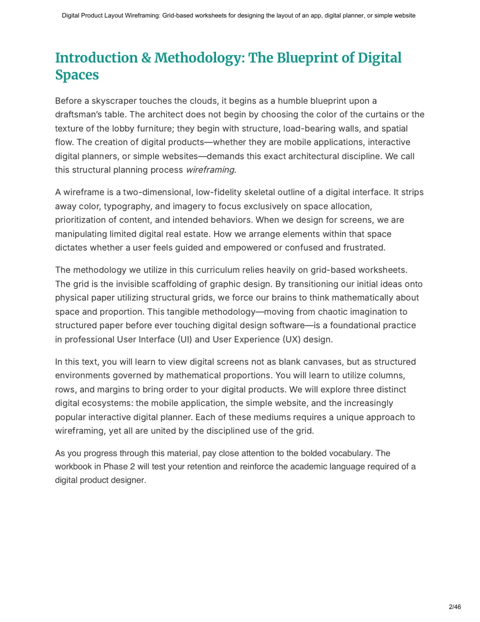 Introduction explains wireframing as structural planning and connects paper sketches to digital product design
