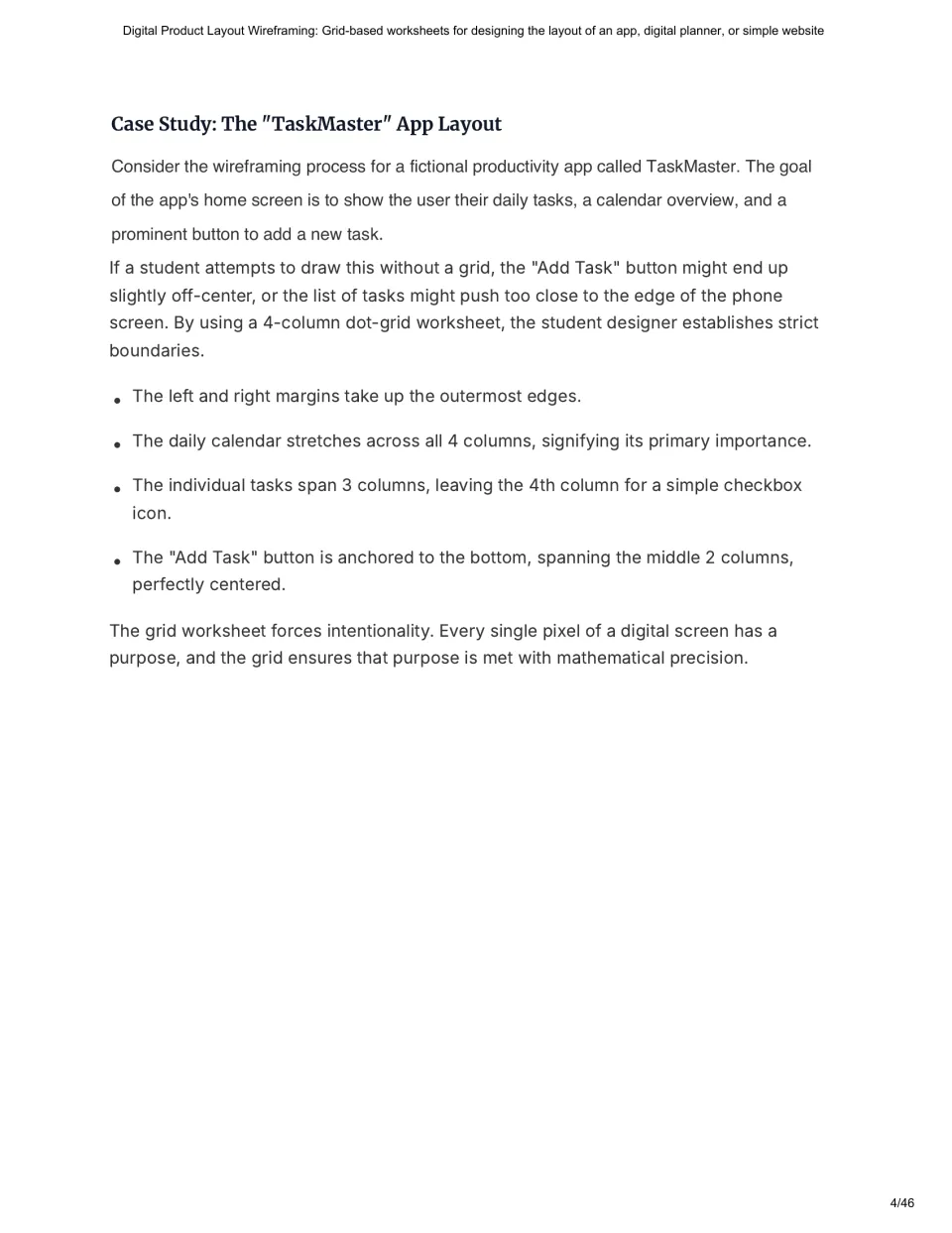 TaskMaster app case study explains placement of a daily calendar, task list, checkboxes, and Add Task button