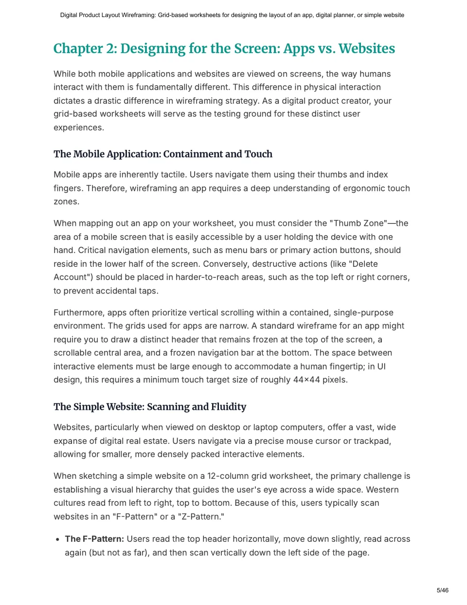 Chapter 2 compares mobile app touch navigation with website scanning, introducing the thumb zone and F-pattern