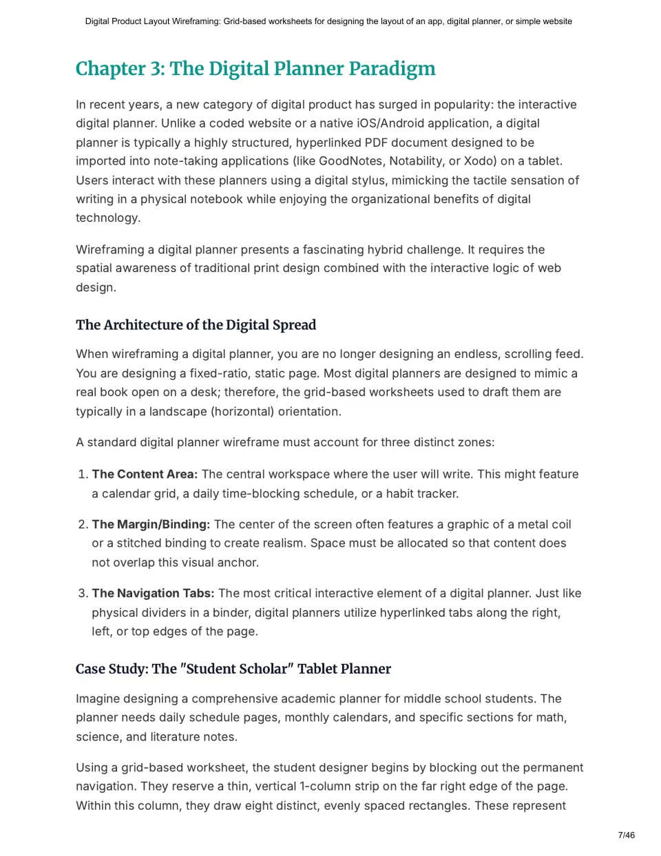 Chapter 3 introduces digital planner content areas, binding, navigation tabs, and the Student Scholar case study