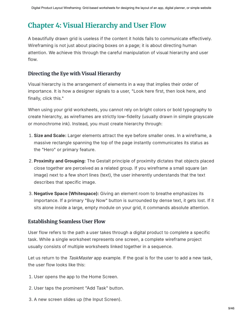 Chapter 4 teaches visual hierarchy through size, grouping, and negative space, then introduces TaskMaster user flow