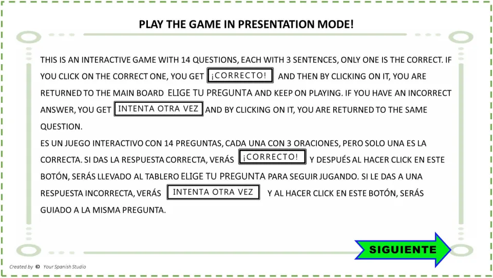 Reading game instructions in English and Spanish explain 14 questions, three choices, and feedback buttons