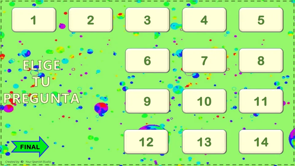 Spanish reading game menu: 'Elige tu pregunta' (choose your question), buttons 1–14, and a 'Final' arrow