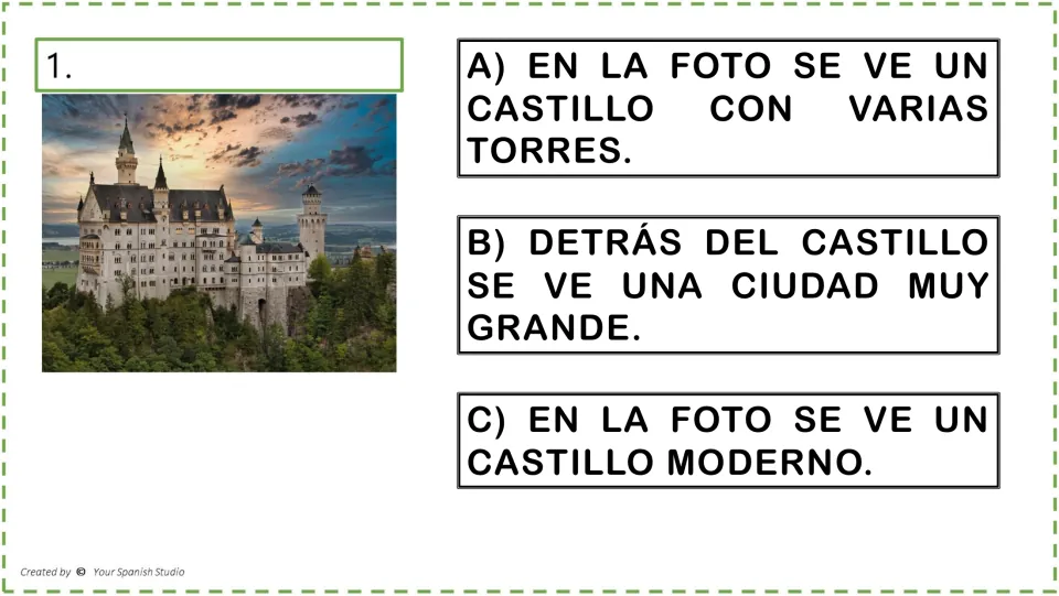 Reading game question 1: a castle photo and Spanish choices about several towers, a large city, or a modern castle