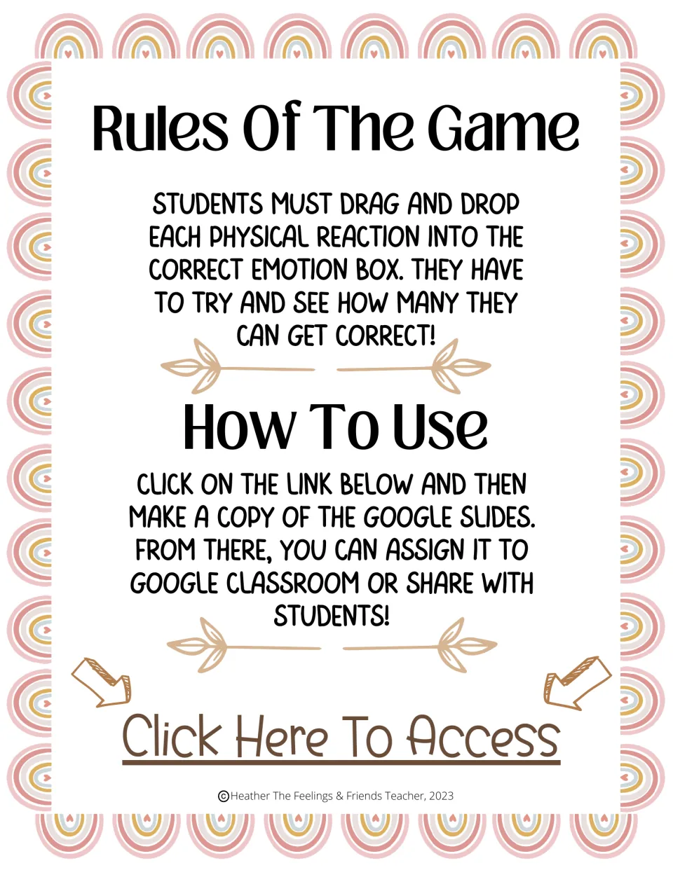 Game rules: students drag each physical reaction into the correct emotion box; teachers copy the Google Slides to assign