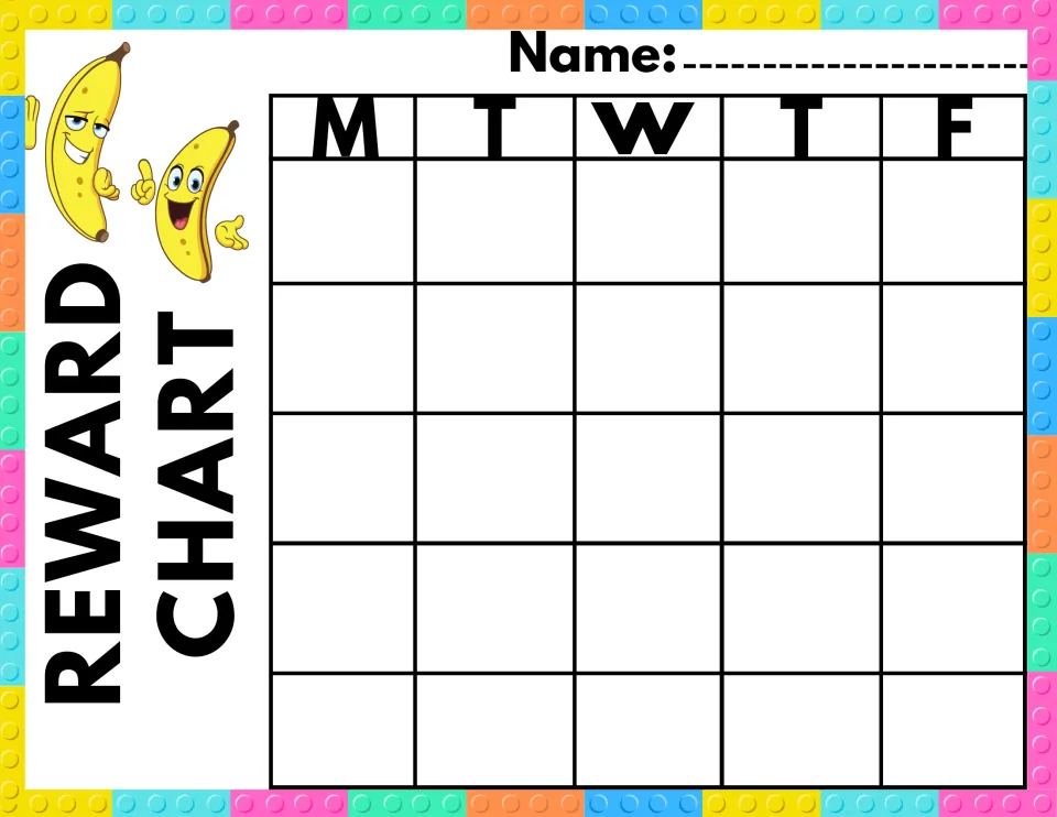 Banana reward chart: students earn a sticker for each day Monday to Friday, with a name line and five spots per day