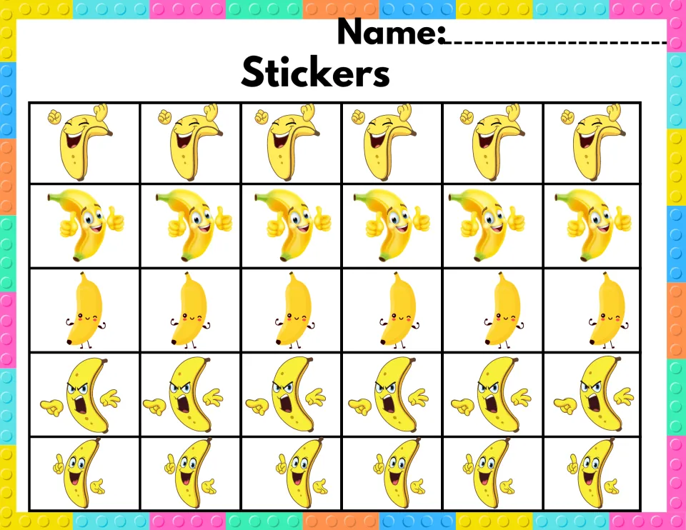 Banana sticker sheet: 30 cartoon banana stickers in five designs, including thumbs-up, laughing and angry bananas