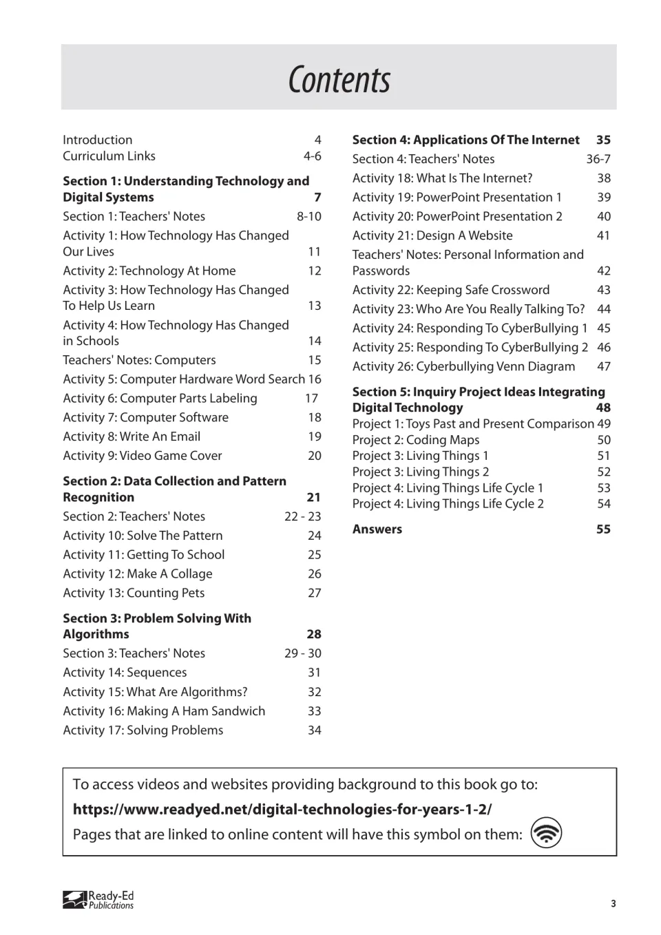 Contents for the teaching book list four topic sections, 26 activities, inquiry projects and answers