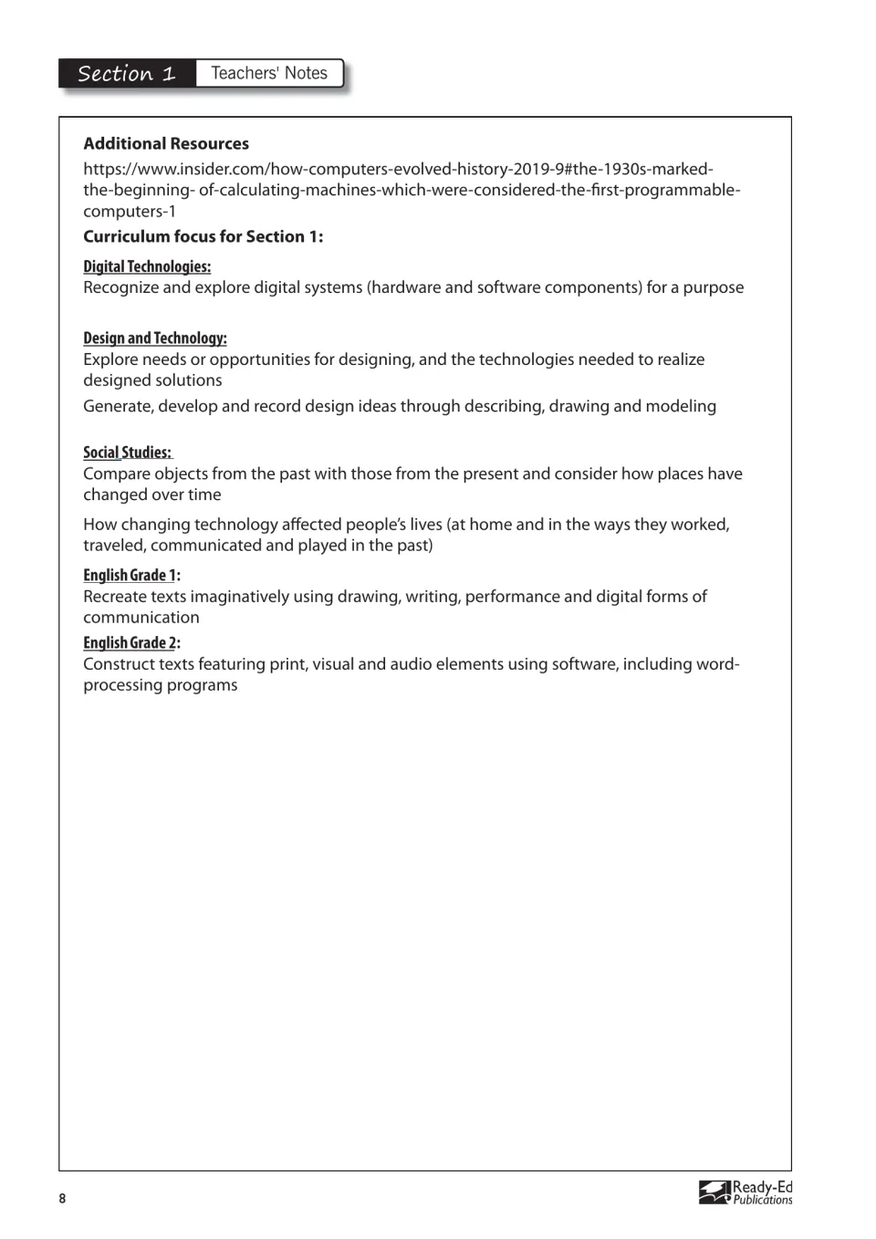 Section 1 teacher notes connect digital systems to design and technology, social studies and English