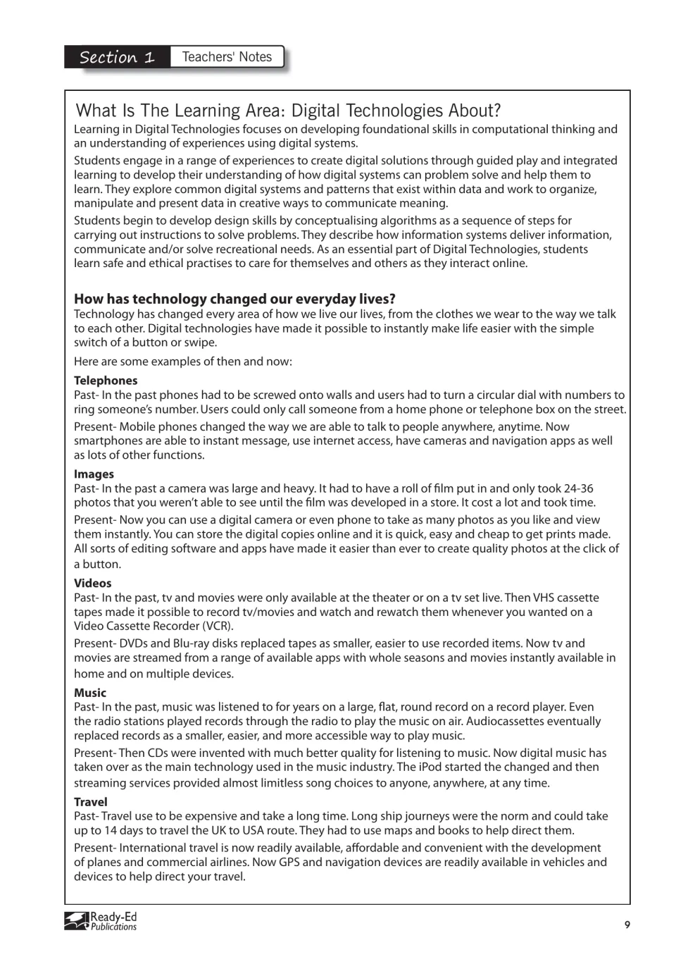 Section 1 teacher notes explain digital learning and compare past and present phones, images, music and travel