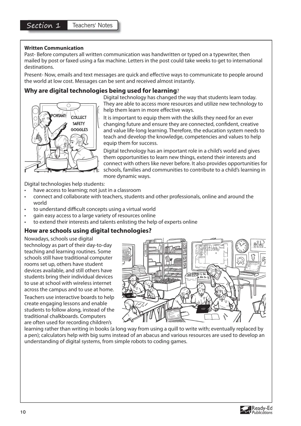 Section 1 teacher notes compare written communication over time and explain technology use in schools