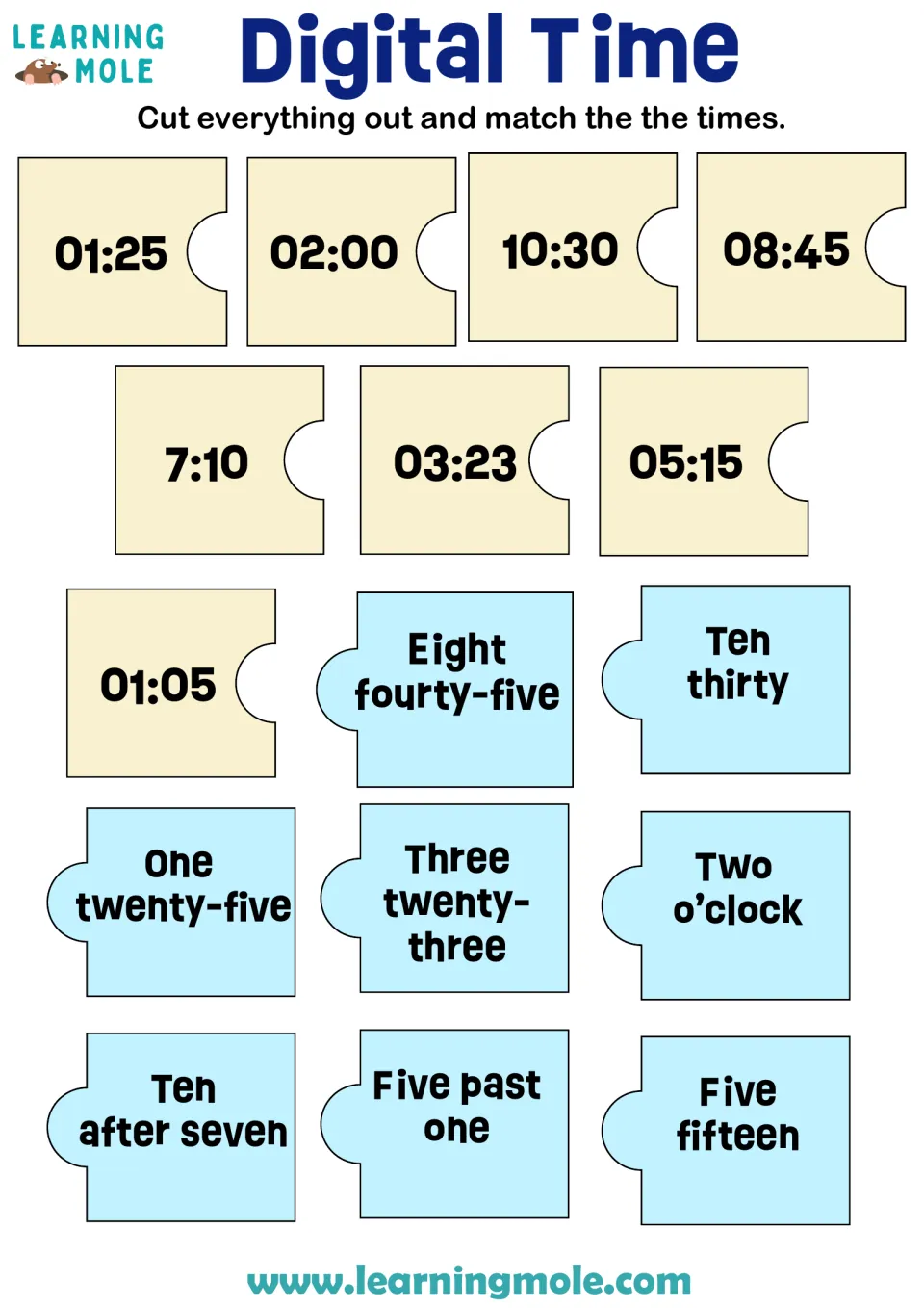 Digital time matching: students cut out 8 puzzle pieces such as 01:25 and join each to its words, like one twenty-five