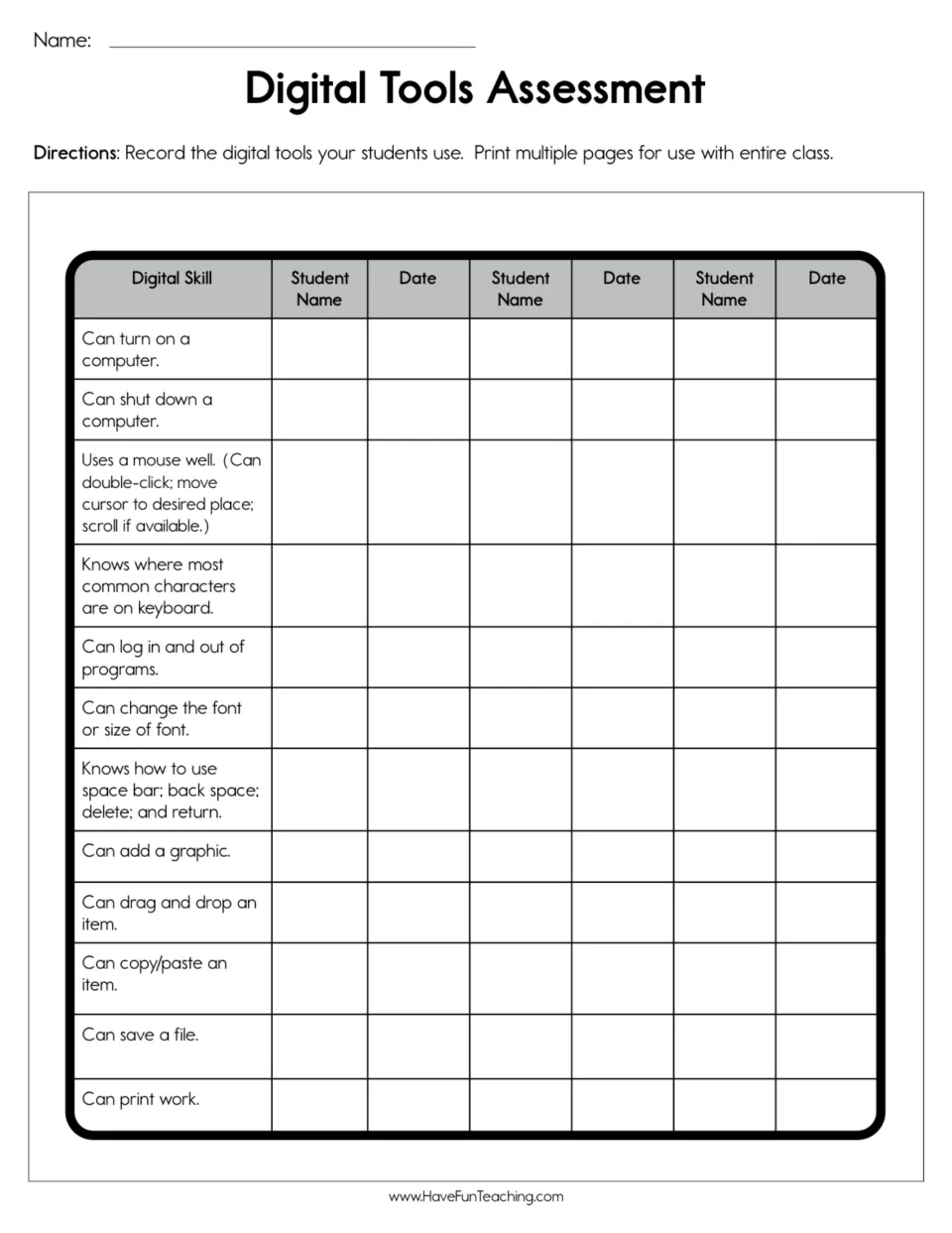 Digital skills assessment checklist: 12 skills, including mouse use, typing, saving files, and printing work.