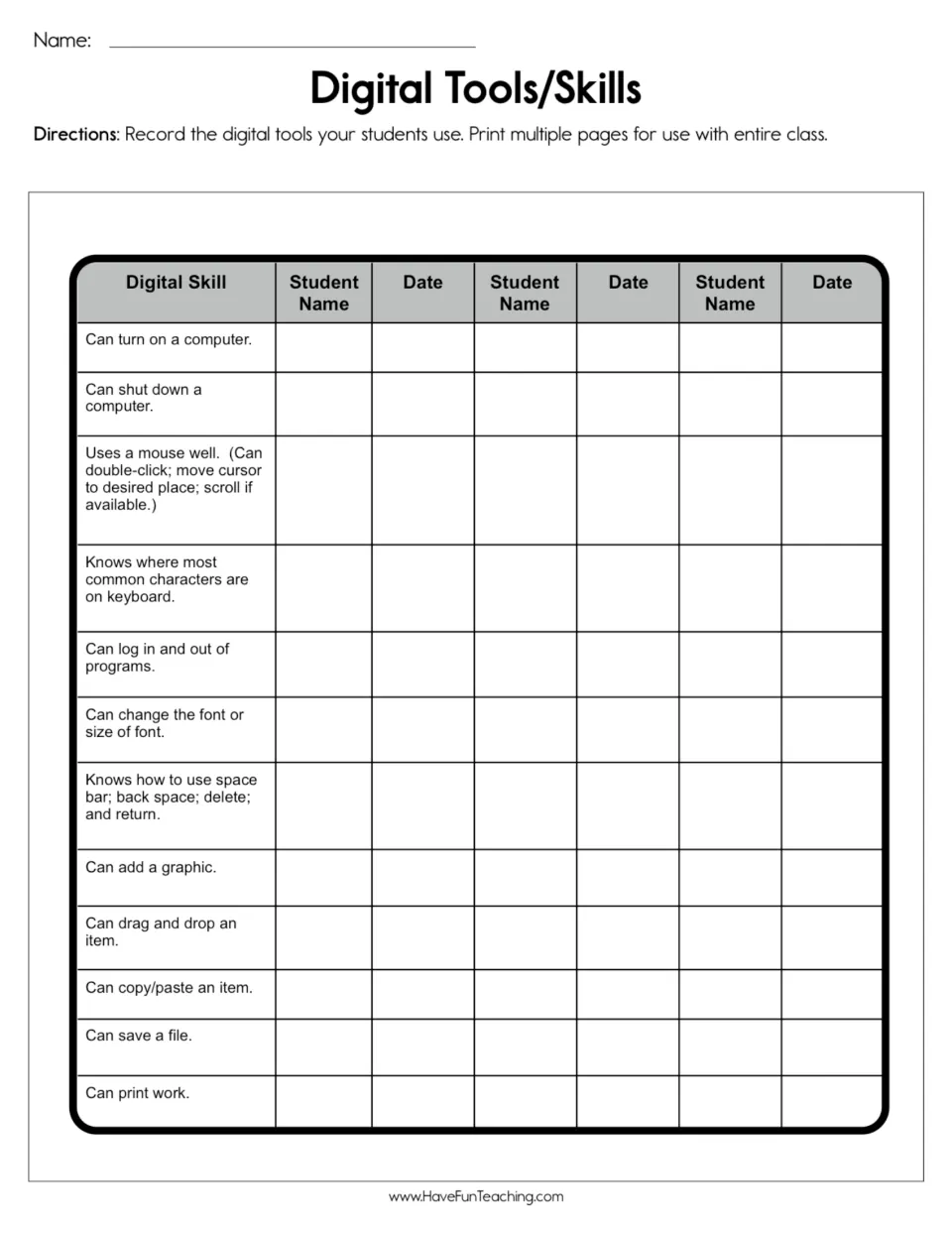 Digital skills assessment checklist: turning a computer on and off, using a mouse, and nine more skills