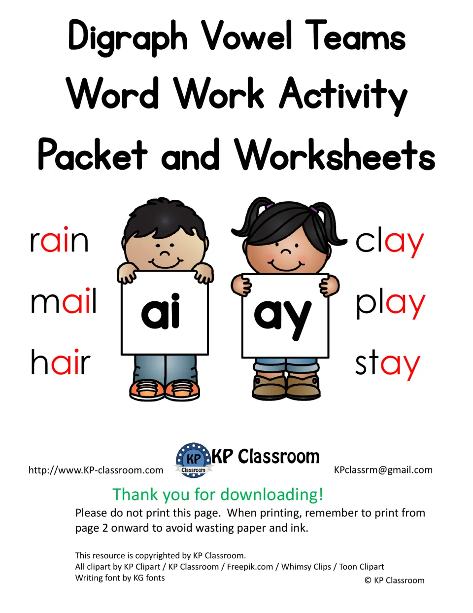 Cover of the vowel-team word work packet featuring ai and ay examples: rain, mail, hair, clay, play, and stay