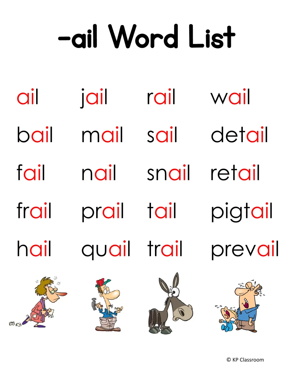 The -ail word list highlights ai in 20 entries, including ail, bail, jail, mail, snail, trail, and prevail
