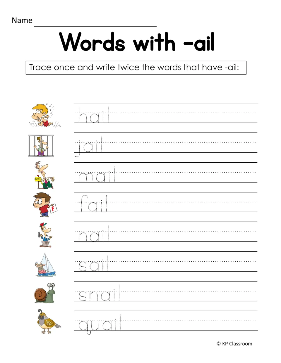 The -ail handwriting activity asks students to trace once and write twice: hail, jail, mail, and five more