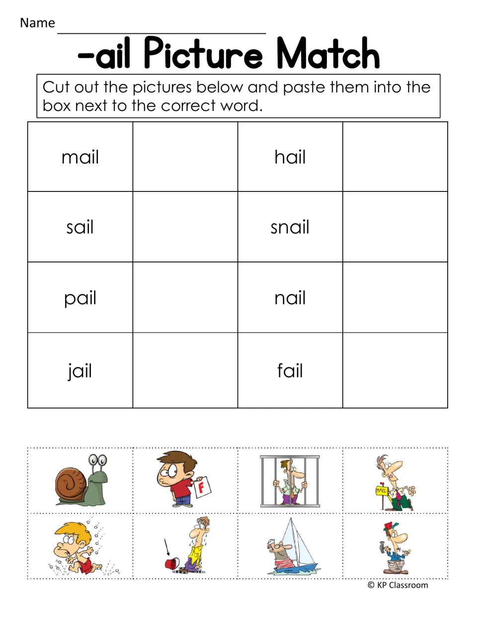 The -ail picture match asks students to cut and paste pictures beside mail, hail, sail, and five more words