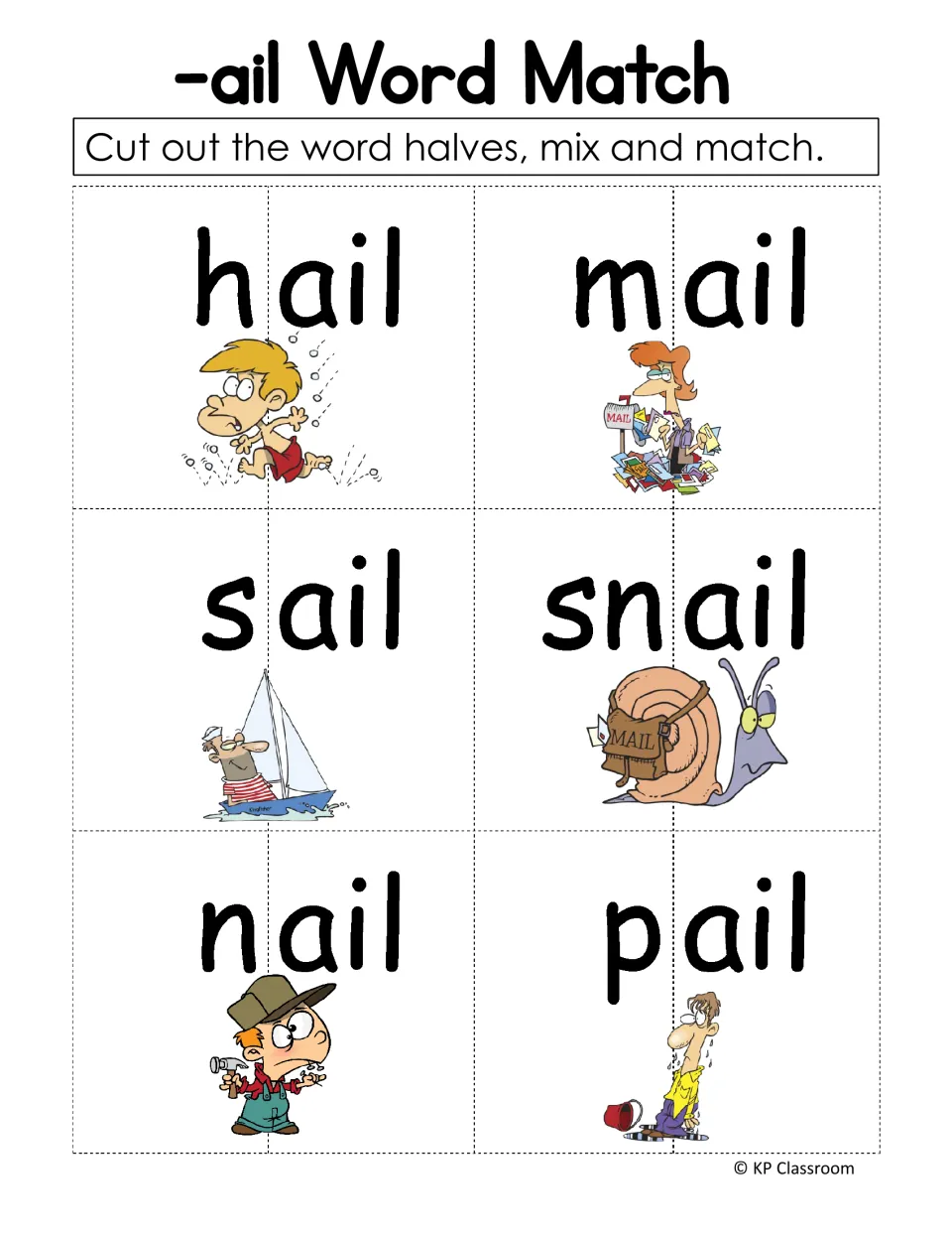 The -ail word match provides six illustrated words to cut into halves: hail, mail, sail, snail, nail, pail