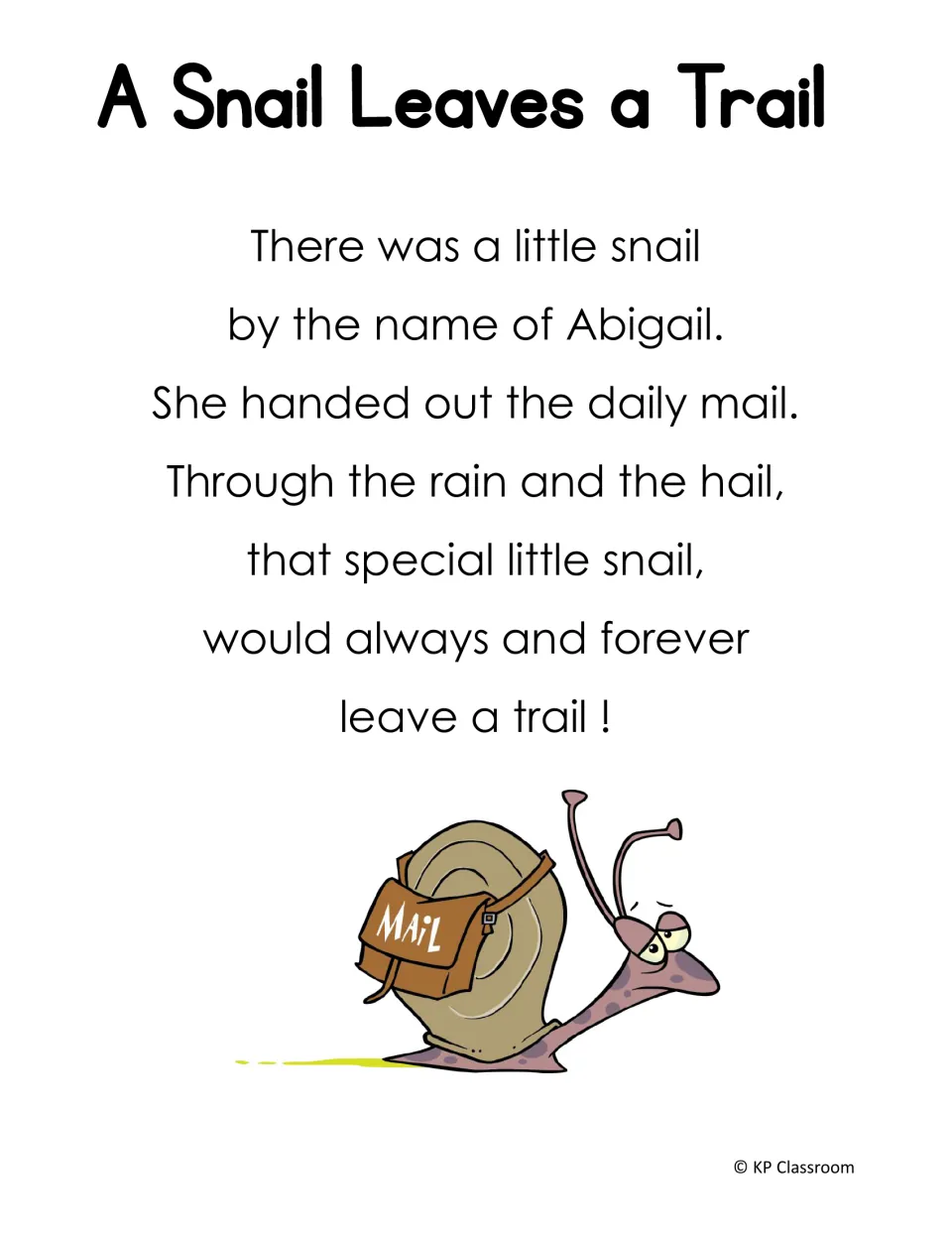 Poem “A Snail Leaves a Trail” follows Abigail the snail delivering daily mail through rain and hail