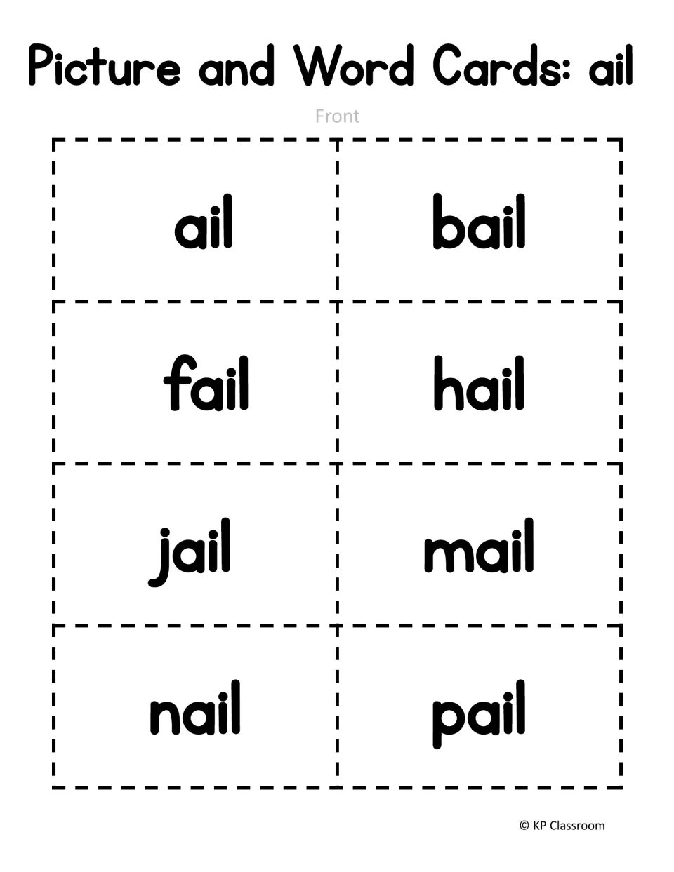 Eight word-card fronts for the packet’s -ail picture and word cards: ail, bail, fail, hail, jail, mail, nail, pail