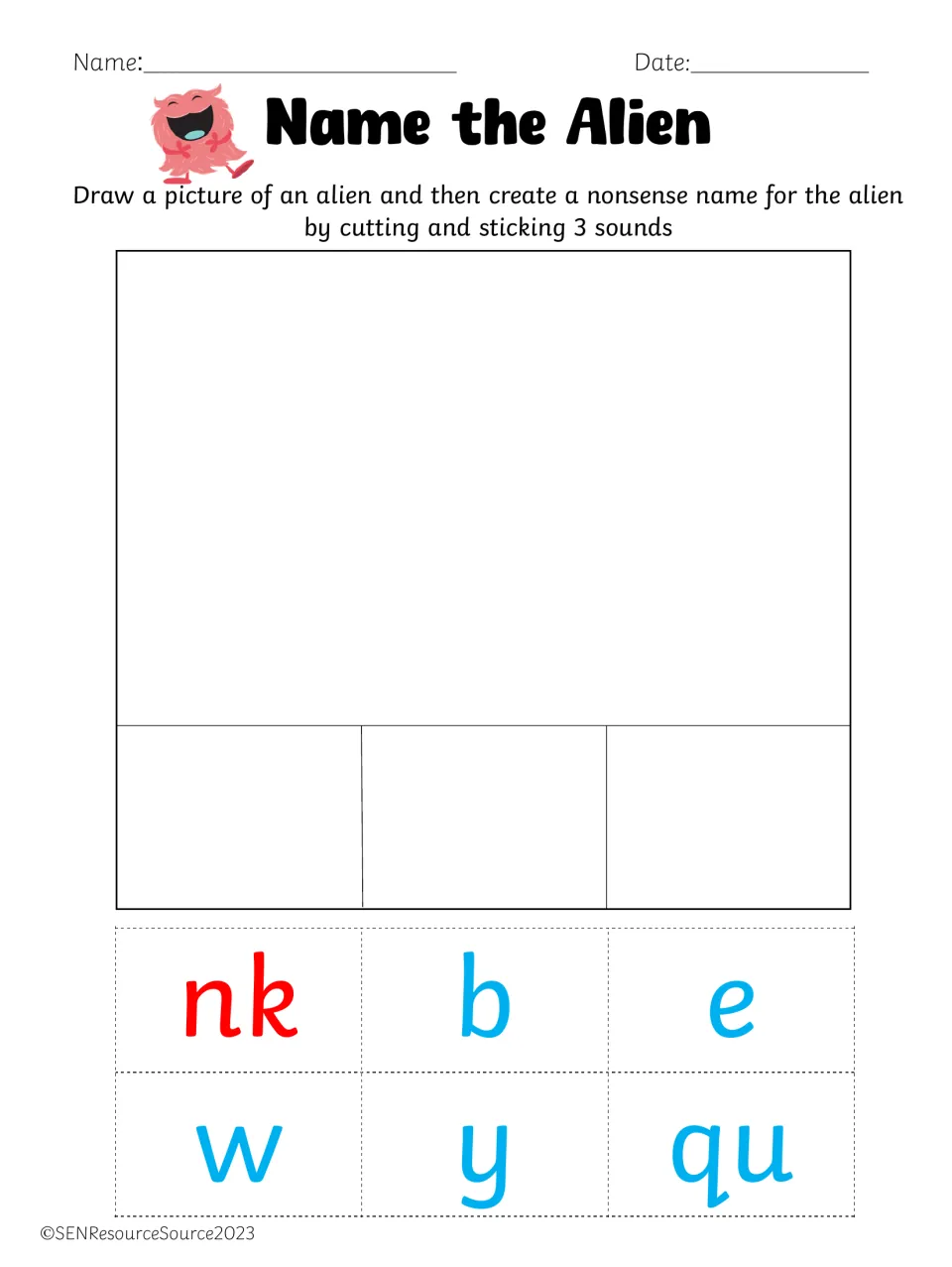 Alien naming with the nk digraph: students sketch an alien and make its name from three cut tiles among nk, b, e, w, y, qu