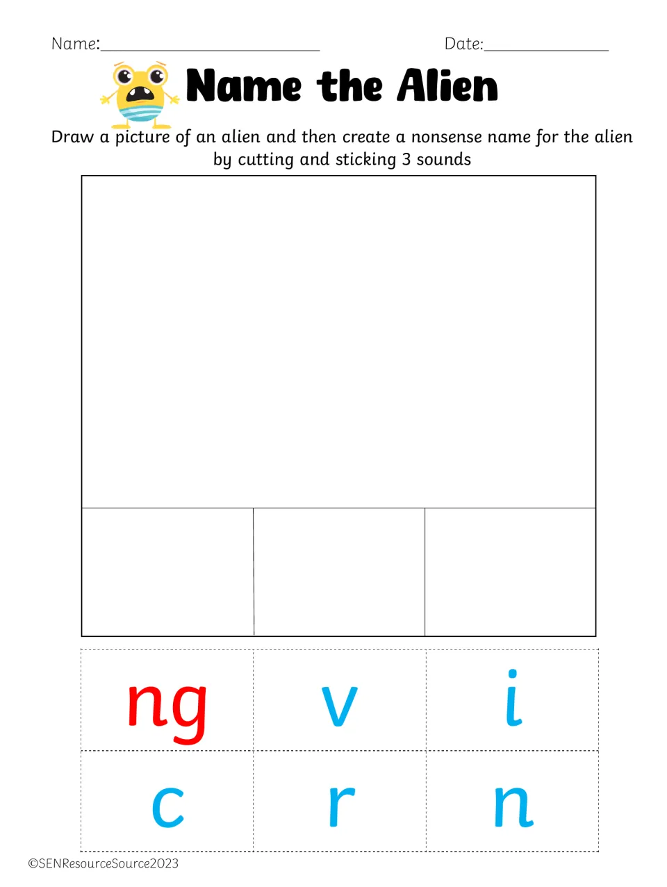 Nonsense words with ng: after drawing an alien, students choose 3 of ng, v, i, c, r, n, cut and glue a made-up name