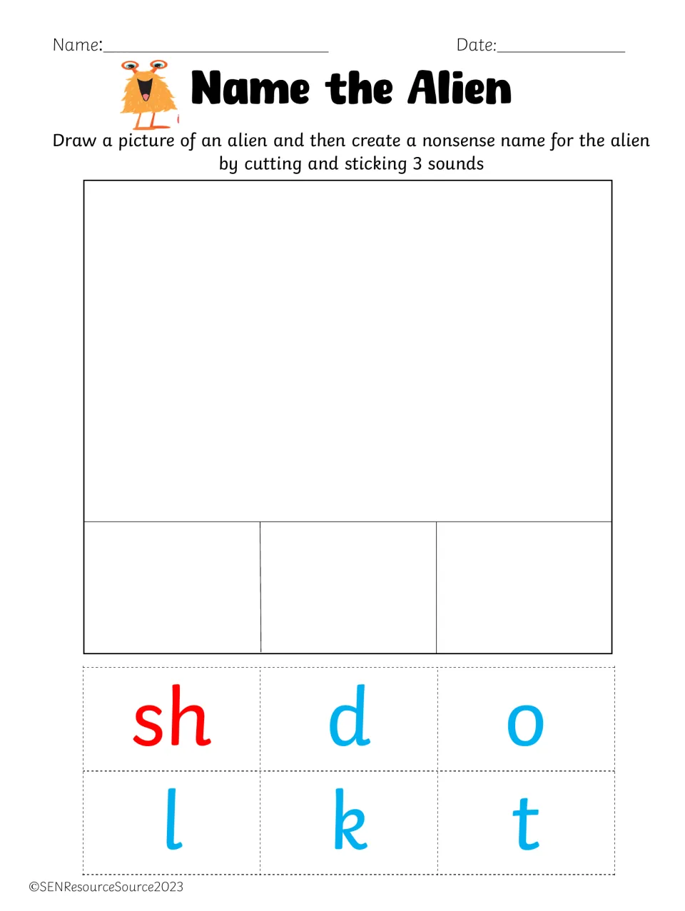 Alien name sheet for the sh digraph: students draw a creature, then cut 3 tiles from sh, d, o, l, k, t and stick a name