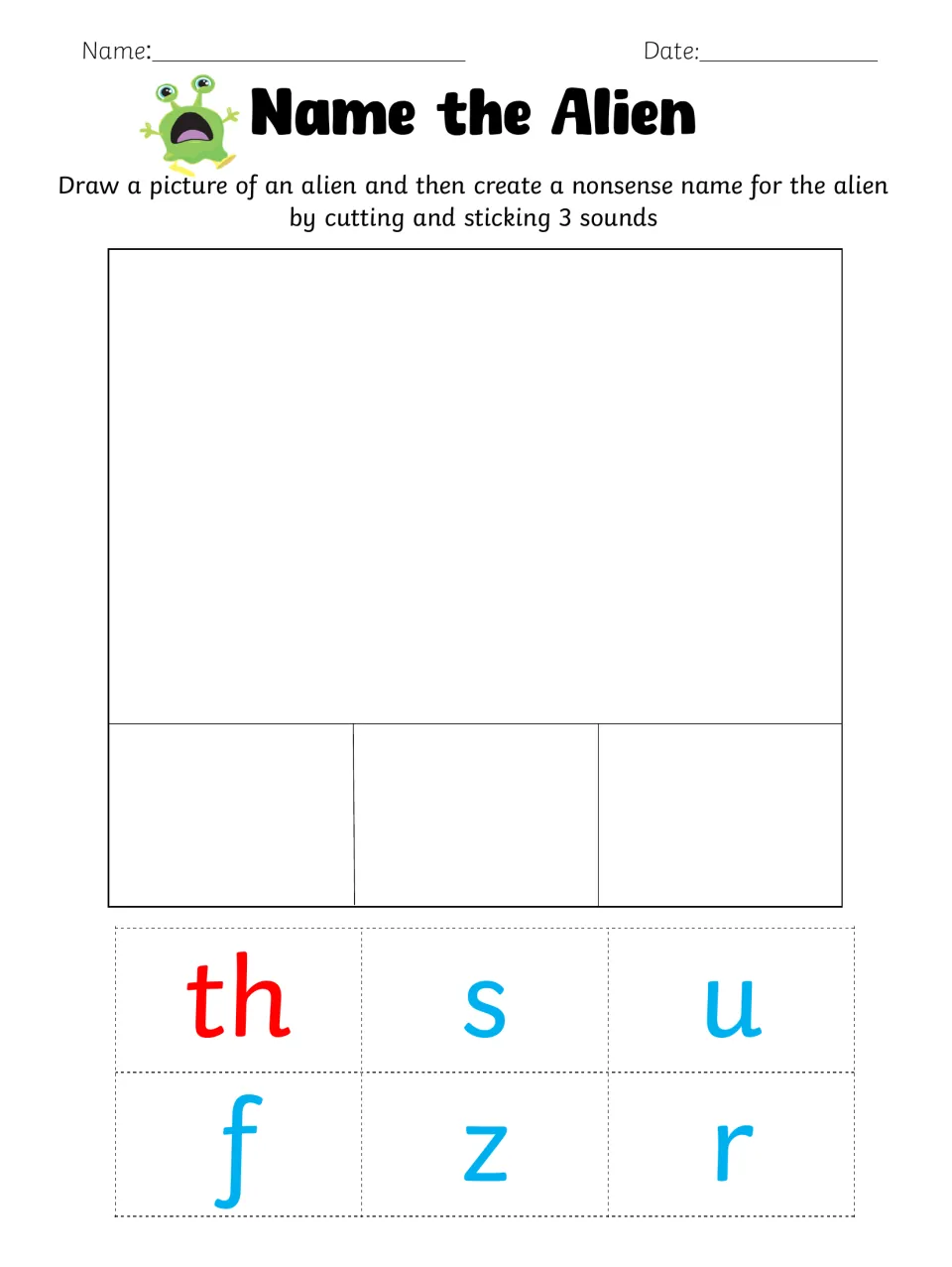 th digraph alien activity: students draw an alien and form its silly name by gluing 3 cut sounds from th, s, u, f, z, r