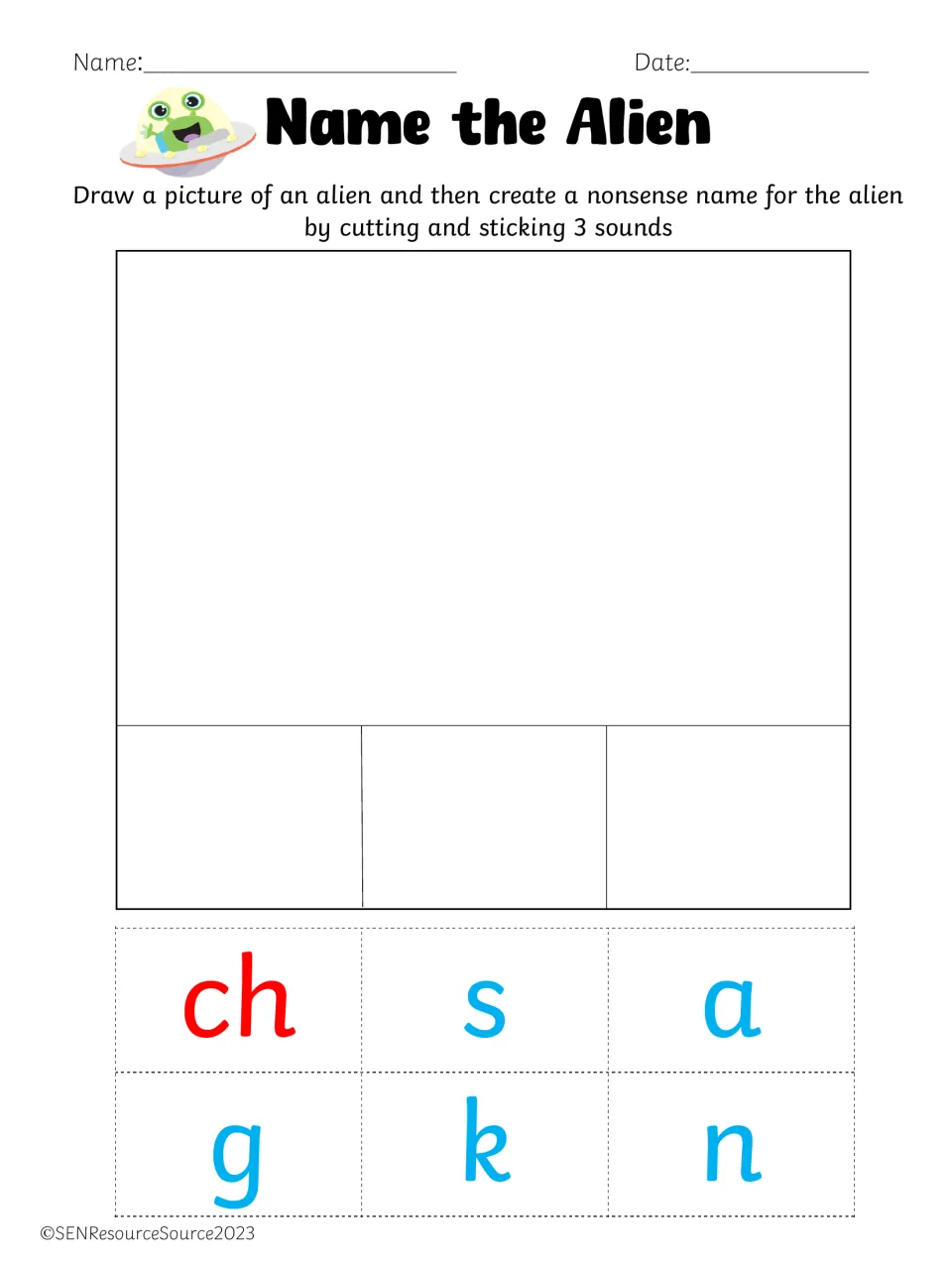 Inventing an alien name with ch: students draw the alien, then cut out three of ch, s, a, g, k, n and paste them below