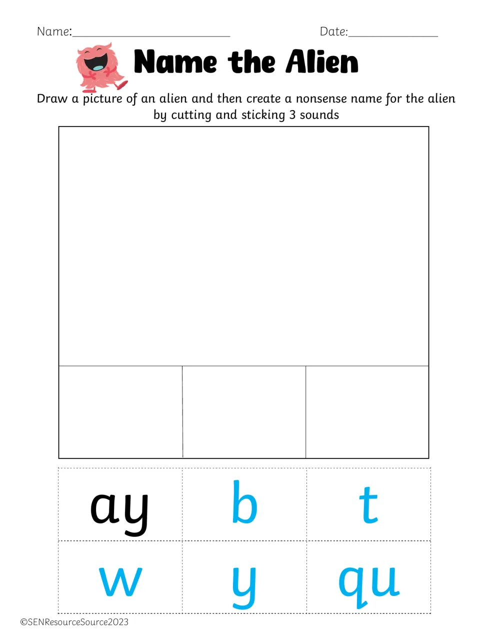 Vowel team ay alien page: students draw an alien and spell a pretend name using 3 cut tiles chosen from ay, b, t, w, y, qu