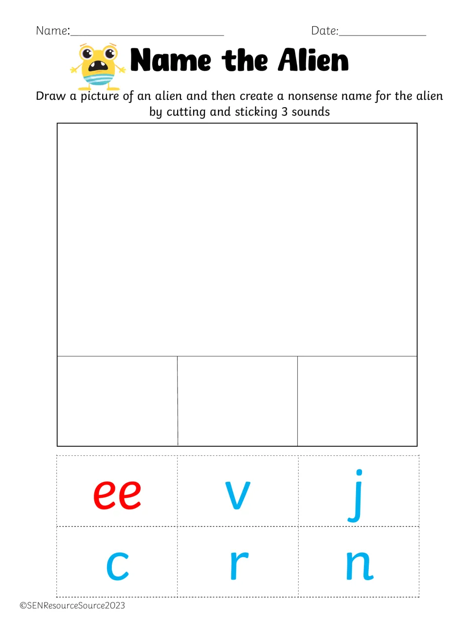 Alien naming with ee: students illustrate an alien, then snip 3 sounds from ee, v, j, c, r, n and glue as a nonsense word