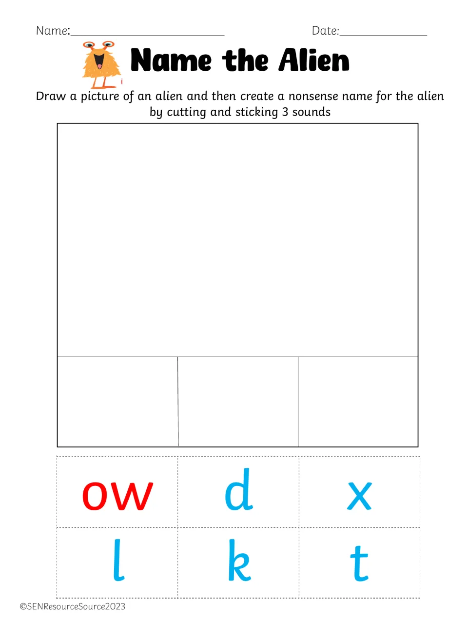 ow sound alien page: children draw an alien and assemble a nonsense name from 3 cut letters chosen from ow, d, x, l, k, t