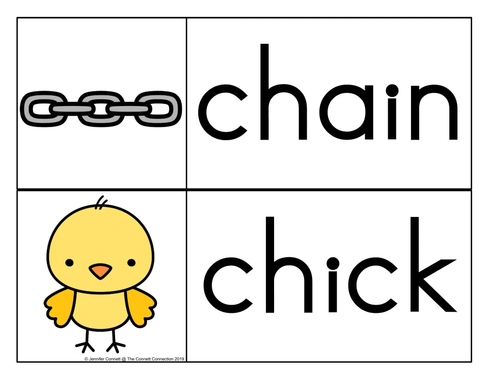 Digraph ch picture cards: the words chain and chick, each beside a drawing of a metal chain and a yellow baby chick