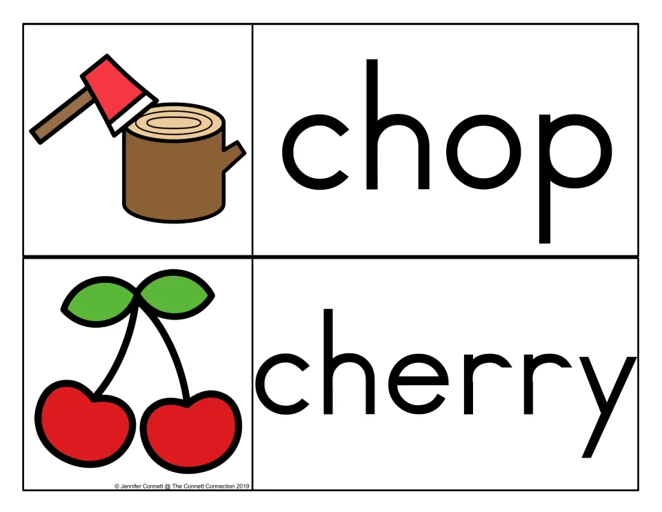 Ch word cards for chop and cherry, shown with an axe in a tree stump and a pair of red cherries for picture support