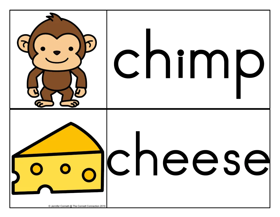 Initial ch vocabulary cards: chimp with a smiling monkey drawing and cheese with a yellow wedge of Swiss cheese