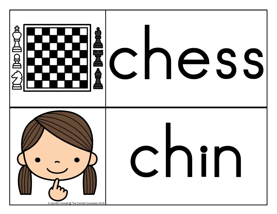 Ch sound cards showing chess with a checkerboard and pieces, and chin with a girl pointing to her chin