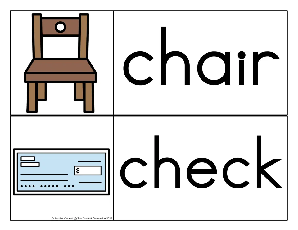 Two ch words, chair and check, each paired with clip art of a wooden chair and a blue bank check for students to read