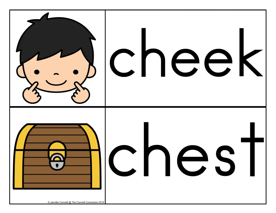 Cheek and chest cards for the ch digraph, pictured by a boy pointing at his cheeks and a locked treasure chest